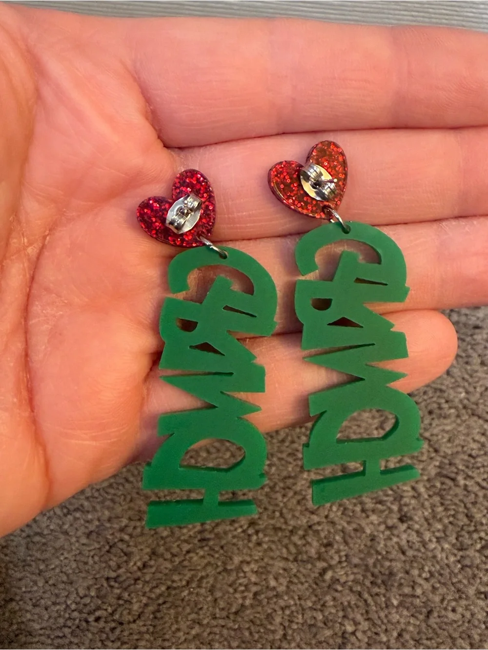 Green Holiday Statement Drop Earrings with Red Glitter Heart Studs